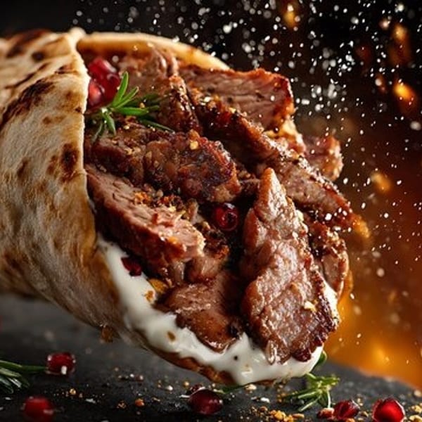 Savory meat wrap with creamy sauce, pomegranate, and rosemary, with spices sprinkling over it.